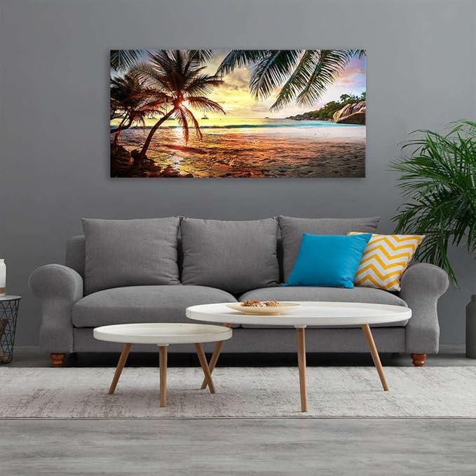 BYXART Canvas Wall Art for Bedroom Tropical Palm Tree Summer Ocean Waves Coconut Trees Beach Sunrise Seascape Scenery Painting Nature Picture for Living Room Bathroom Home Office Decor 40L x 20W