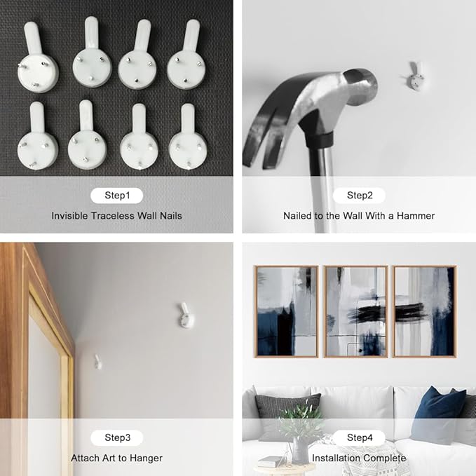 Abstract Blue and Gray Framed Canvas Print Wall Art Set,Modern Neutral Geometric Line Wall Decor,Minimalist Navy Blue Pastel Grunge Brush Strokes Artwork for Living Room,Bedroom-24 x36 x3