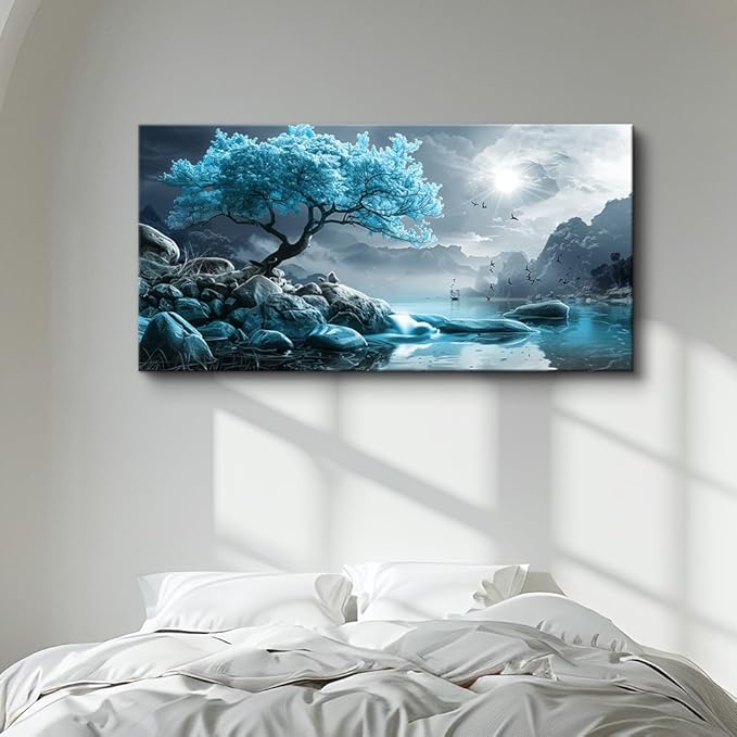 KELIYUAN Canvas Wall Art For Living Room Large Wall Decor For Bedroom Blue Tree Landscape Painting Black And White Wall Pictures Artwork Office Works Frame Canvas Art Modern Home Decoration 24x48in