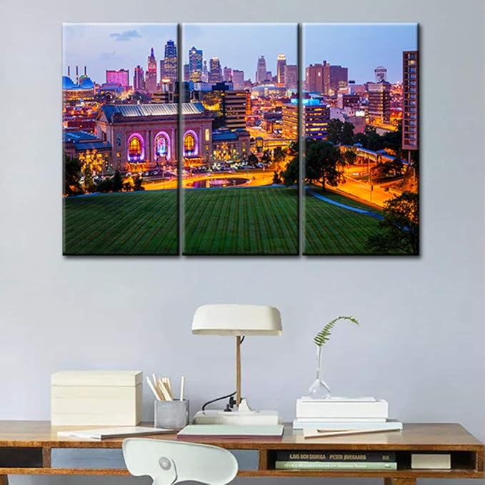 Buildings of Kansas City , Missouri with Wide Square Wall Art Painting Pictures Print On Canvas City The Picture for Home Modern Decoration Stretched and Frame Ready to Hang 24‘’ x 12‘’ x 3 panels