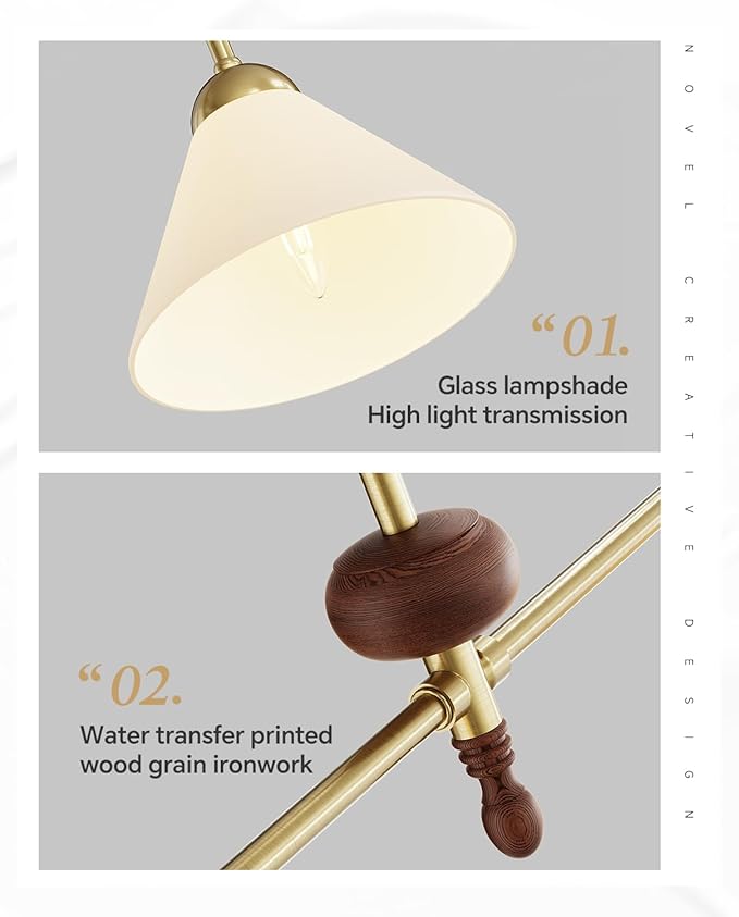 Linear Chandelier, Modern Chandelier for Dining Room Light Fixture, Dining Light Fixtures with Milk Glass Shade Pendant Lights Kitchen Island for Restaurant, Living Room (Gold + Wood, 2-Lights)