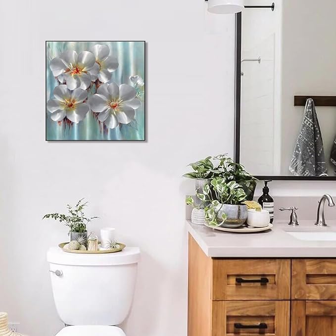 BATRENDY ARTS Silver and Aqua Metal Wall Art Framed Flower Aluminum Painting Hand-polished 3D Botanical Hanging Sculpture Artwork for Bathroom