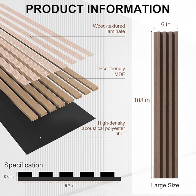 4PCS Acoustic Wood Slat Wall Panels for Wall Decor and Ceiling 3D Fluted Sound Absorbing Panel Soundproof with Wood Finish 108"×6" (Maple Light)