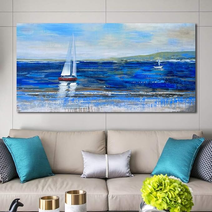 Ardemy Blue Abstract Canvas Wall Art for Living Room Sailboat Large Wall Decor Painting Picture Bedroom Textured Nautical Navy Blue Seascape Artwork Art for Home Office,48"x24"