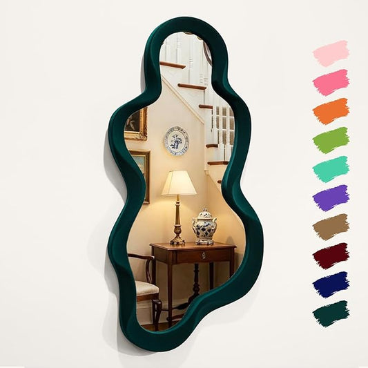 13.8x29.7 Big Decorative Mirror for Girly Bedroom Dresser Decor, Abstract Wavy Wall Mirrors for Home Book Coffee Shop Hotel Decoration, Unique Gift for Birthday Thanksgiving (Dark Green)