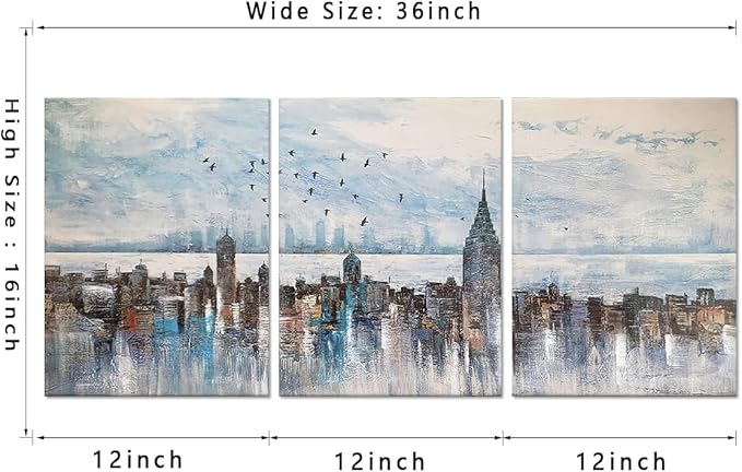 MAMAGO Modern City New York Landscape Wall Decor Skyline Birds Canvas Print Painting for Living Room Kitchen Bedroom Wall Art Framed Easy to Hang-12x16 inch x3pcs