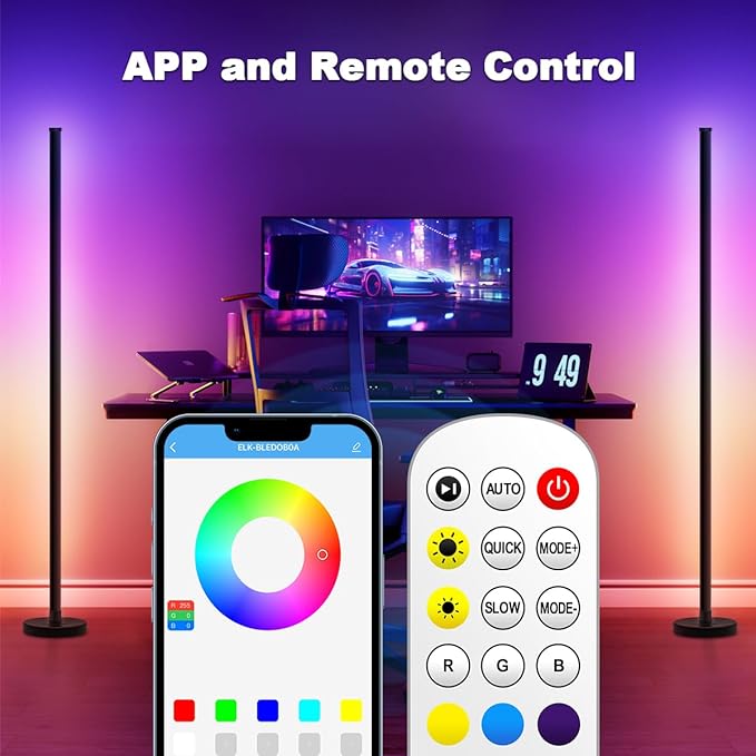 63″H RGB Floor Lamp, LED Corner Lamp,16 Million DIY Colors, 68+ Scenes, Music Sync, App & Remote Control (1 Pack)
