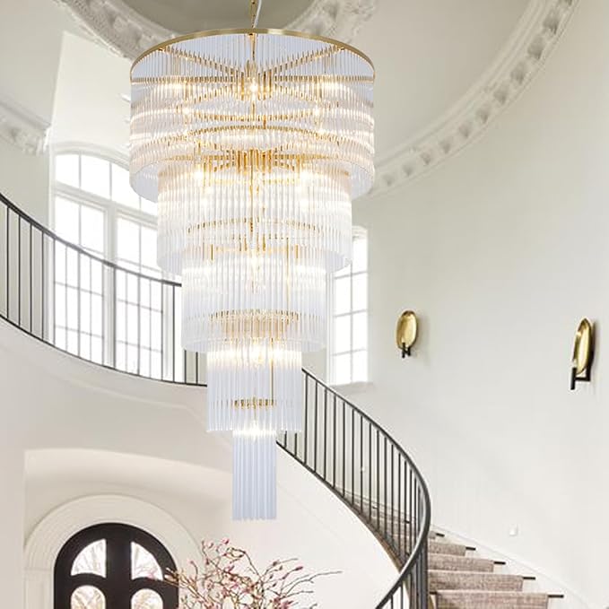 Large Chandelier for High Ceiling 5-Tier Long Brass Crystal Glass Chandelier Modern Chandelier Hanging Pendant Light Fixture for Entry Stairway Staircase Hall Foyer Living Room H49