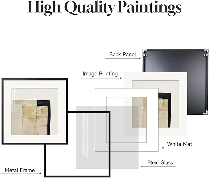 4 Piece Framed Neutral Abstract Wall Art Set, Tan and Black Geometric Modern Pictures Prints, Minimalist Luxury Paintings Artwork for Bedroom, Bathroom, Hallway and Living Room 12x12 Inch