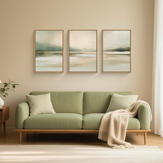 Large Abstract Sage Green Pastel Framed Canvas Wall Art Set,Minimalist Neutral Landscape Wall Decor,Modern Watercolor Mountain Lake Artwork for Living Room,Bedroom-16 x24 x3