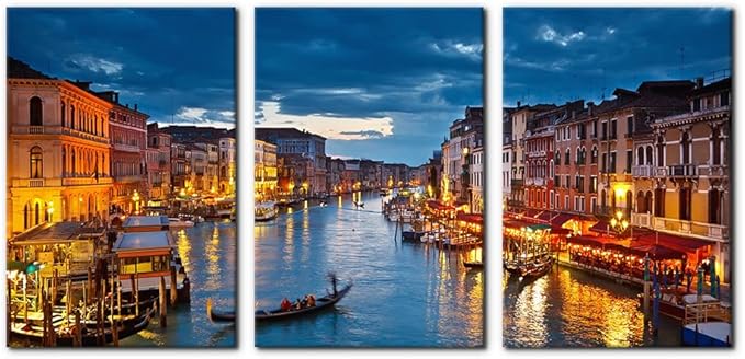 Pacimo 3 Piece Venice Night View Giclee Canvas Prints Wall Art Italy Venice Grand Canal at Night Picture Painting Print on Canvas Poster Modern Artwork Stretch and Framed Ready to Hang -16" x 24" x 3…