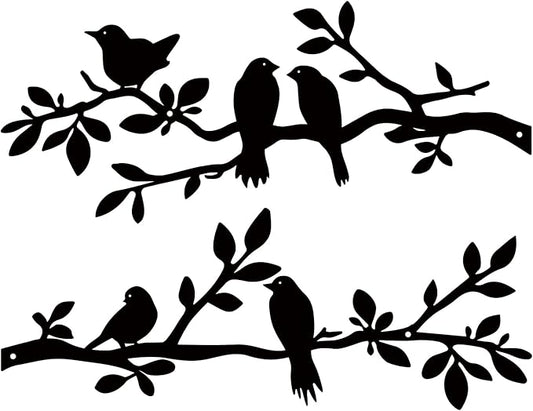 ESTART 2 Pcs Metal Birds Wall Art, Metal Vivid Birds on Branch Silhouette Wall Decor Black Leaves with Bird Outdoor Hanging Wall Sculpture for Home Balcony Garden Indoor Outdoor (Black)