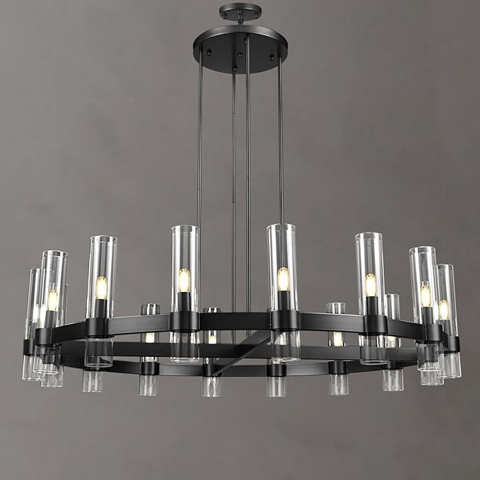 Modern 48" Black Wagon Wheel Chandelier, Black Farmhouse Chandeliers for Dining Room,16-Light Round Living Room Chandelier with Glass Tube for Bedroom,Staircase, Foyer, Entryway, Includes Bulbs