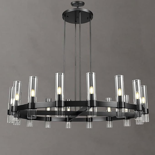 Modern 48" Black Wagon Wheel Chandelier, Black Farmhouse Chandeliers for Dining Room,16-Light Round Living Room Chandelier with Glass Tube for Bedroom,Staircase, Foyer, Entryway, Includes Bulbs