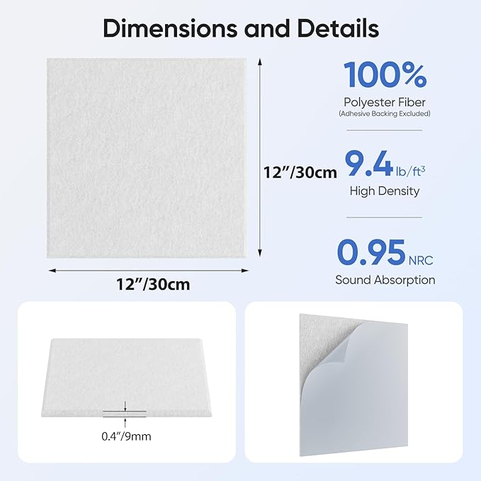 12 Pack 12" X 12" X 0.4" Acoustic Panels for Wall Sound Absorbing, Square Self-Adhesive Sound Panel, High Density Suitable for Multiple Scenarios(Snow White)
