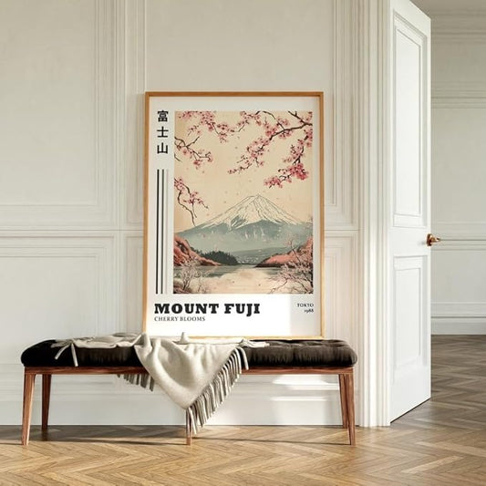 Mount Fuji Poster, Traditional Japanese Wall Art Print with Cherry Blossoms, Japandi Style Asian Home Decor, Fujisan Landscape Artwork for Bedroom or Living Room (Unframed) (24x36)