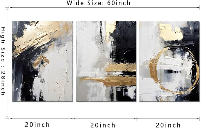 MAMAGO Large Scale Abstract Wall Art Monochrome with Gold Accents Abstract Painting Ideal for Stylish Interiors like Living Room Office Framed Ready to Hang - 20x28 inch x3pcs