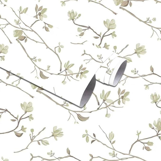 Modern Floral Peel and Stick Wallpaper Boho Green Leaf Branches Contact Paper for Cabinets Self-Adhesive Removable Wallpaper for Bedroom Farmhouse Contact Paper for Bathroom Waterproof 17.5" x 118"