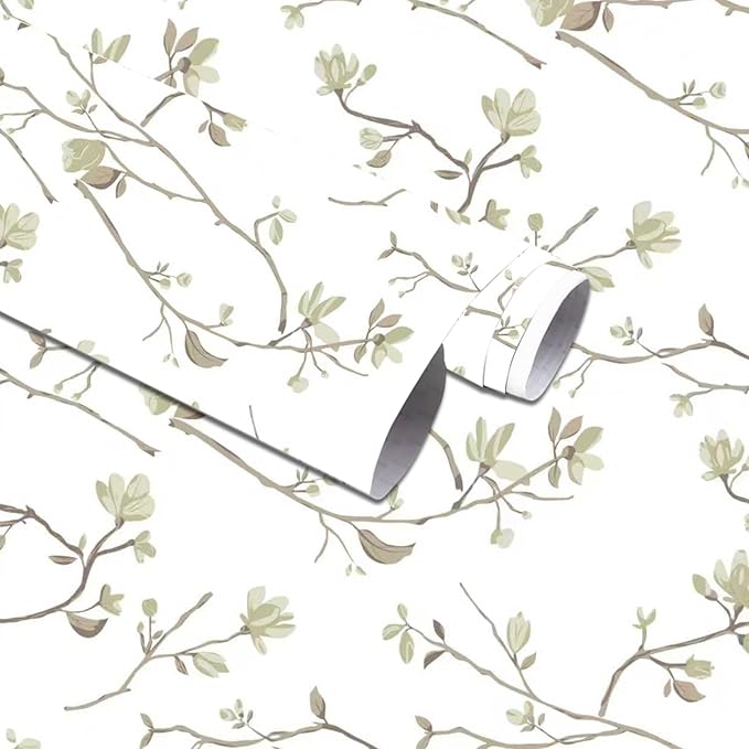 Modern Floral Peel and Stick Wallpaper Boho Green Leaf Branches Contact Paper for Cabinets Self-Adhesive Removable Wallpaper for Bedroom Farmhouse Contact Paper for Bathroom Waterproof 17.5" x 197"