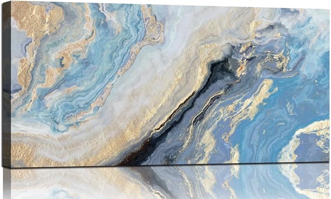 Abstract Canvas Wall Art Decor for Living Room Blue Gold Marbling Pictures Painting for Bedroom Modern Abstract Canvas Art Ptints for Office Home Decorations (24x48inches)