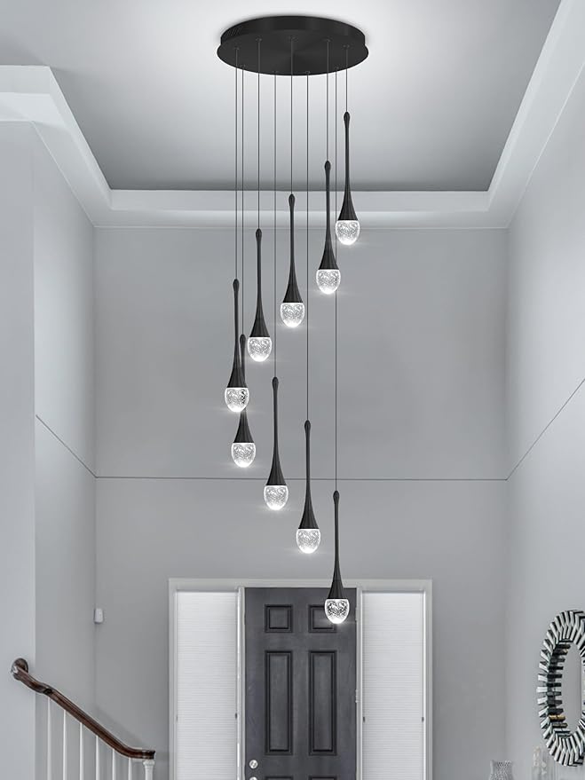 9-Lights Black Pendant Chandliers 100'' High Staircase Ceiling Chandeliers Crystal Bubble Raindrop Lighting Chandelier Ceiling Living Room Dimmable 2700-6000k LED Dining Lighting
