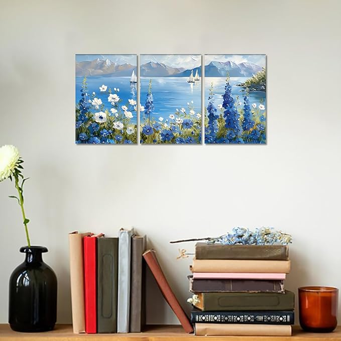 MAMAGO 3 Pieces Coastal Canvas Wall Decor Vintage Oil Painting Blue and White Floral Print Picture Natural Sea Scenery Painting for Farmhouse Bathroom Wall Art Framed Ready to Hang-12”x16”x3pcs
