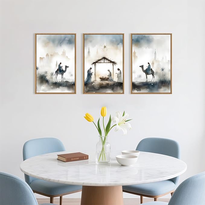Large Catholic Jesus Nativity Scene Framed Canvas Wall Art Set,Watercolor Holy Birth of Jesus Wall Decor,Trendy Christmas Religious Artwork for Living Room,Bedroom,Church-24 x36 x3