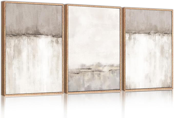 KAIRNE Large Neutral Gray Framed Canvas Wall Art Set, Abstract Duotone Gray Tan Wall Decor, Neutral Watercolor shape Wall Pinting, Modern Landscape Art Print for Living Room, Bedroom, Office16 x24 x3