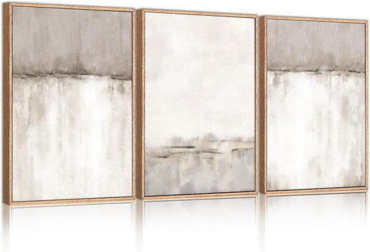 KAIRNE Large Neutral Gray Framed Canvas Wall Art Set, Abstract Duotone Gray Tan Wall Decor, Neutral Watercolor shape Wall Pinting, Modern Landscape Art Print for Living Room, Bedroom, Office16 x24 x3