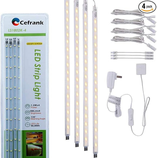 Cefrank LED Display Light Bars - 4X 16inch Linkable Slim Light Strip Kit - Series + Parallel Connection - Plug n Play - Soft Warm White 3000K