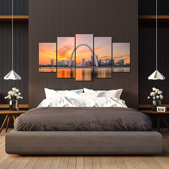 Canvbay 5 Piece City Skyline Canvas Wall Art St. Louis Gateway Arch at Sunset Painting Pictures USA Missouri Cityscape at Dusk Giclee Print Artwork for Living Room Home Decor Framed Ready to Hang