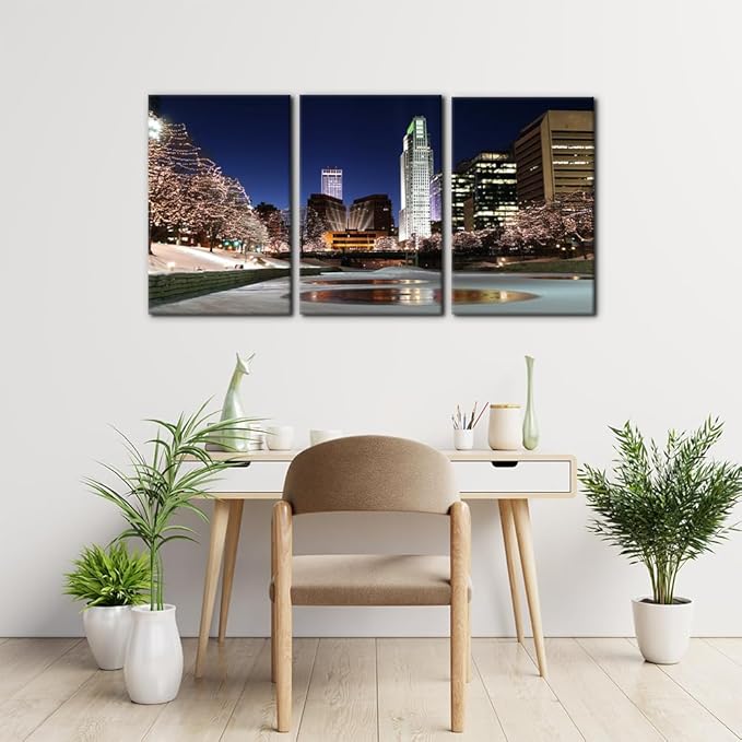 Pacimo Canvas Wall Art Decor Omaha Cityscape Modern Artwork for Wall Painting City Skyline Night View Pictures Gallery Wrapped Posters and Prints Stretch and Framed Ready to Hang - 16"x24"x3 Panels