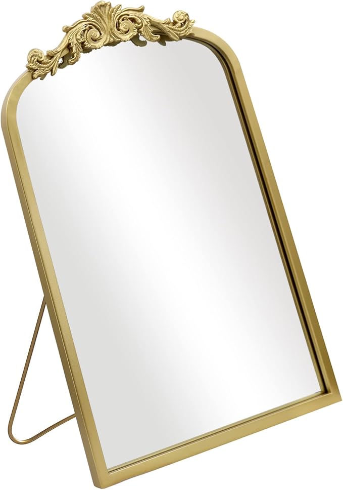 AIXI HOME Vintage Gold Vanity Makeup Desk Arched Mirror 12"x18", Antique Traditional Table Mirror with Ornate Metal Frame & Bracket, Small Standing Baroque Mirror for Living Room,Bedroom,Tabletop