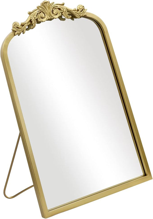 AIXI HOME Vintage Gold Vanity Makeup Desk Arched Mirror 12"x18", Antique Traditional Table Mirror with Ornate Metal Frame & Bracket, Small Standing Baroque Mirror for Living Room,Bedroom,Tabletop