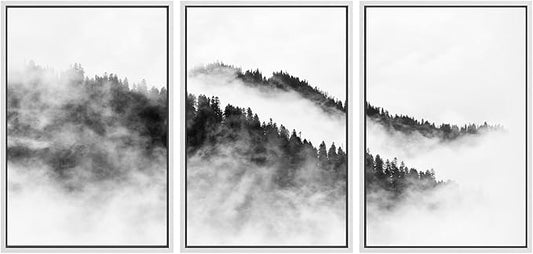 SIGNWIN Framed Canvas Print Wall Art Set Black & White Mountain Forest Valley Nature Wilderness Photography Modern Art Rustic Landscape Relax/Calm for Living Room, Bedroom, Office - 16"x24"x3 White
