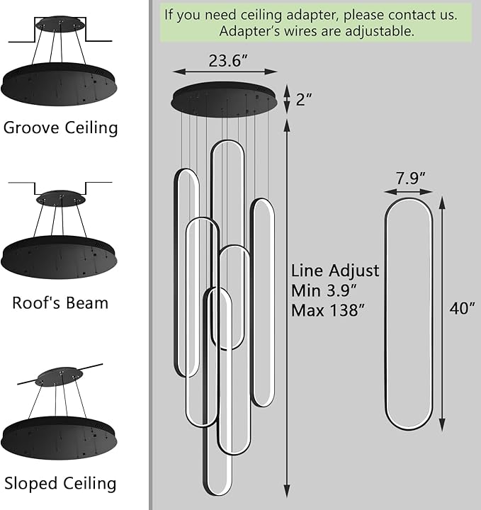6-Rings Modern Chandelier, LED Black Large Contemporary Light for Staircase, Dimmable Flush Mount High Ceiling Chandeliers with Remote Control for Villa Foyer