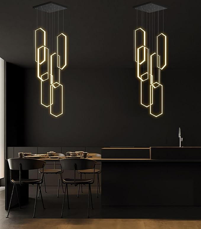 6 Rings Modern Chandelier LED Dimmable Pendant Lighting Adjust Flush Mount Ceiling Light for Foyer Lobby Living Room Staircaes Black