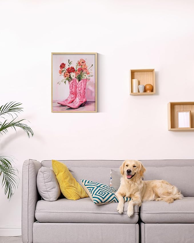 ARPEOTCY Small Framed Canvas Wall Art, 12x16in, Vintage Pink Cowgirl Boots Art, Trendy Western Wall Decor for Bedroom Coastal Room, College Girls Dorm Decor aesthetic