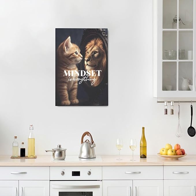Motivational Lion And Cat Wall Art For Kids Mindset Is Everything Nursery Canvas Wall Decor Inspirational Pictures Paintings Prints Artwork Framed Decorations For Children's Room Bathroom Bedroom Living Room Office Gifts 16" x 24"