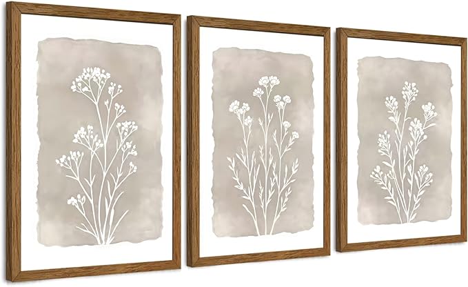 JLTULT 3 Piece Boho Beige Floral Wall Art, Minimalist Line Botanical Flower Wall Decor, Vintage Rustic Wildflower Art Prints for Living Room Bedroom Office Farmhouse decoration 16x24 in Ready to Hang