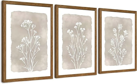 JLTULT 3 Piece Boho Beige Floral Wall Art, Minimalist Line Botanical Flower Wall Decor, Vintage Rustic Wildflower Art Prints for Living Room Bedroom Office Farmhouse decoration 16x24 in Ready to Hang