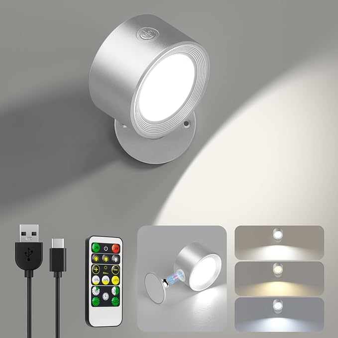 Lightbiz LED Reading Lights, Wall Lights Sconces with Remote Rechargeable Battery Operated, 3 Color Temperatures & Dimmable Light Magnetic Ball 360°Rotation, Lamps for Study Bedside Closet