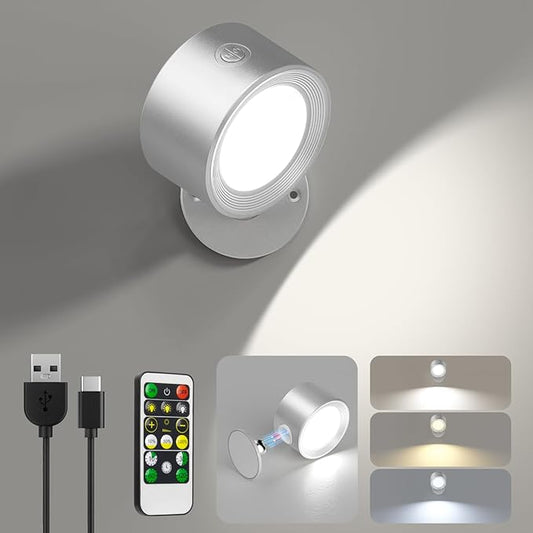 Lightbiz LED Reading Lights, Wall Lights Sconces with Remote Rechargeable Battery Operated, 3 Color Temperatures & Dimmable Light Magnetic Ball 360°Rotation, Lamps for Study Bedside Closet