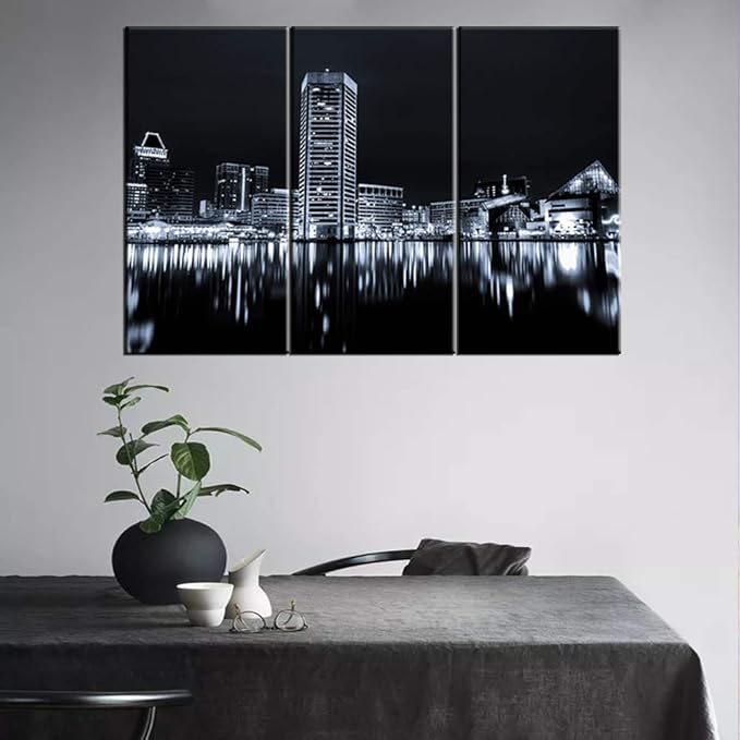 Black and White Image of the Baltimore Inner Harbor Skyline at Night Canvas Prints Modern Stretched and Framed Art Work Cityscape Pictures Paintings on Canvas Wall Art for Bedroom Home Decorations