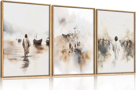 Ausril Jesus Framed Canvas Wall Art Set,Christian Bible Wall Decor, Minimalist Boho Christian Wall Painting, Retro Christmas Generic The Cross Art Prints for Living Room Bedroom, Church -24"x36"x3