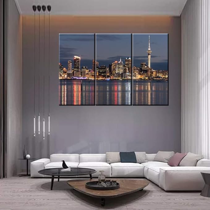 Modern Wall Art New Zealand Skyline Poster Auckland CBD at Night Picture Canvas Prints for Home Office Bedroom Decor City Cityscape Painting Stretched and Framed Ready to Hang 40‘’x20‘’x3 panels