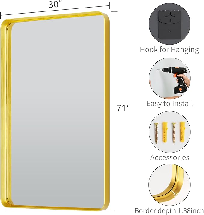 Koonmi Gold Bathroom Mirror for Wall, 30x71 Inch Matte Metal Deep Framed Rounded Corner Wall Mirror, Shatterproof Tempered Glass for Farmhouse Bedroom Entryway, Vertically or Horizontally
