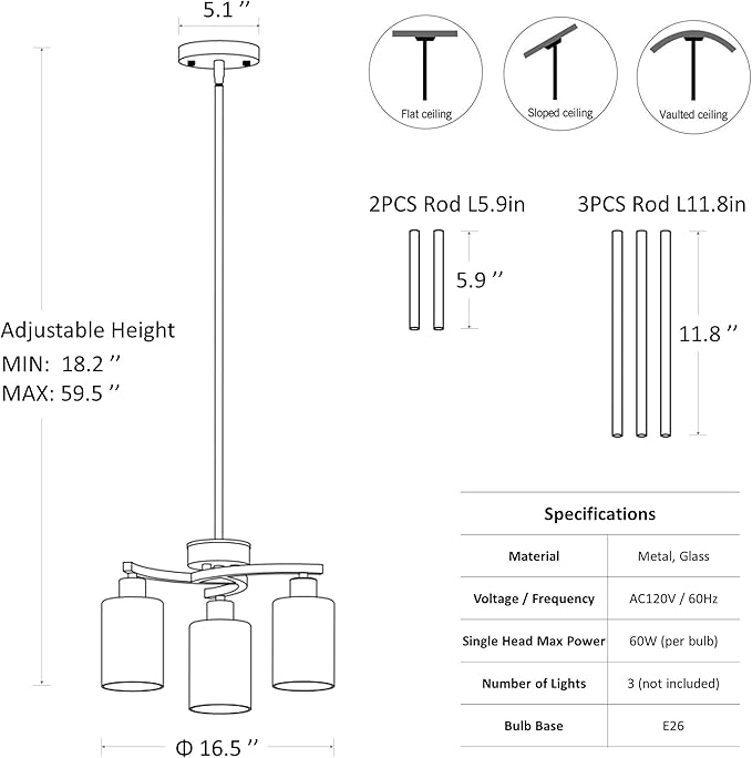 3-Light Brushed Nickel Pendant Lighting for Kitchen Island, Hanging Dining Room Light Fixtures Over Table, Industrial Chandelier for Entryway Hallway Foyer Bedroom, Clear Glass Shade