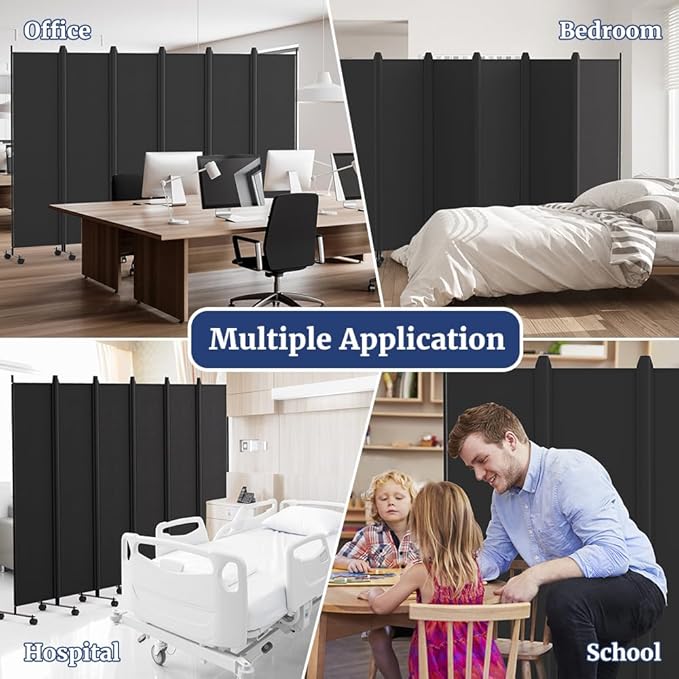 Kokorona 6 Panel Room Divider, 6FT Tall Rolling Privacy Screen with Lockable Wheels, Folding Wall Dividers Portable Room Divider for Room Separation, Included - Cover Strips, Black, 119''W x 70''H
