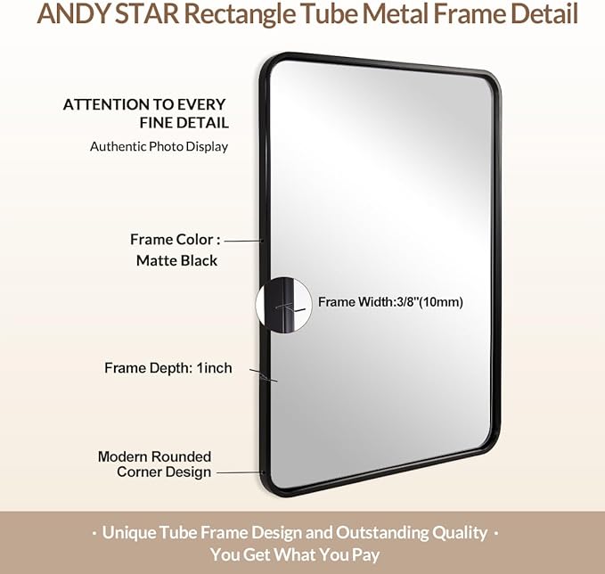 ANDY STAR Black Bathroom Mirror for Wall, 30 x 40 Inch Mirrors for Vanity, Rounded Rectangle Mirror, Black Metal Framed Mirror Wall Mounted Horizontal Or Vertical